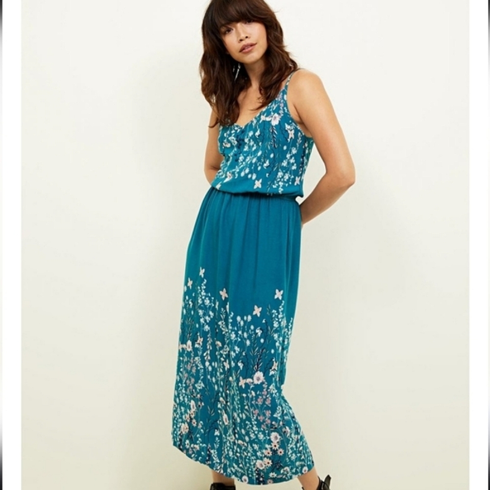 Apricot Aquamarine Maxi Dress Teal Floral Sleeveless Vacation Cruise Size 10 EUC